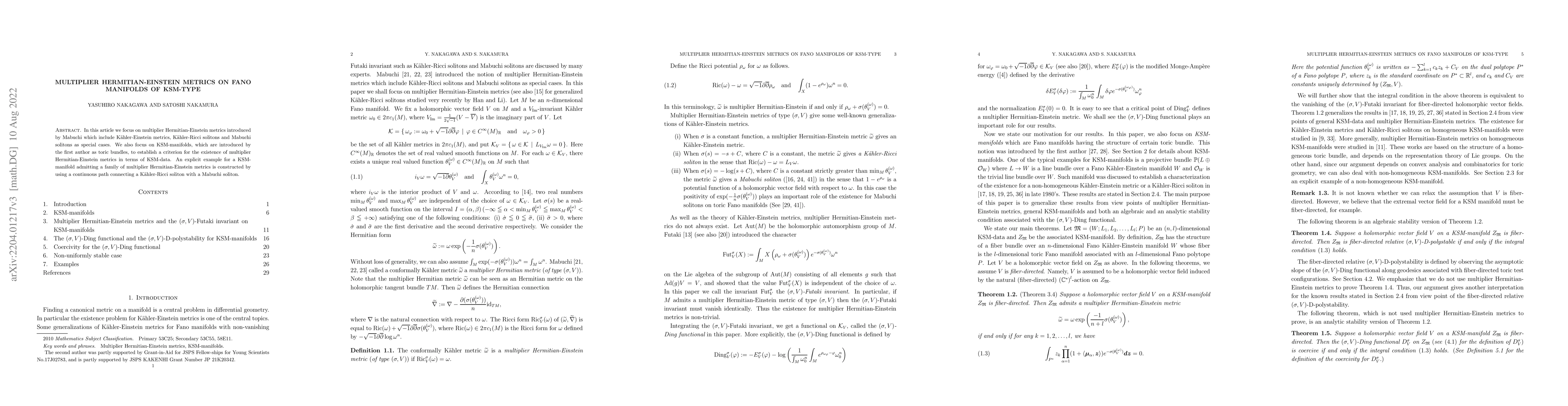 Thumbnail for Multiplier Hermitian-Einstein metrics on Fano manifolds of KSM-type