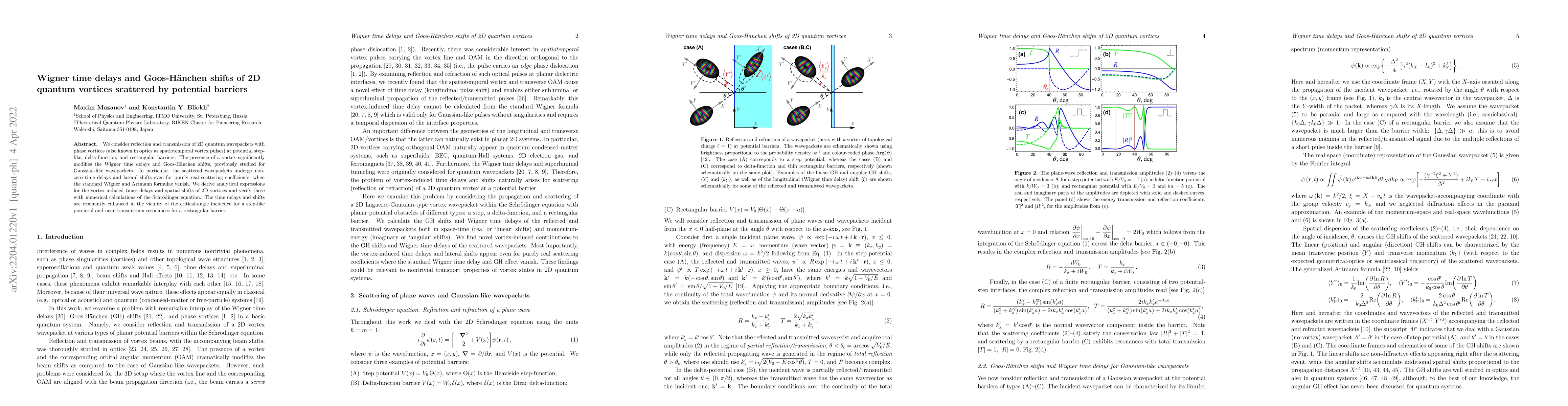 Thumbnail for Wigner time delays and Goos-H\"{a}nchen shifts of 2D quantum vortices
  scattered by potential barriers