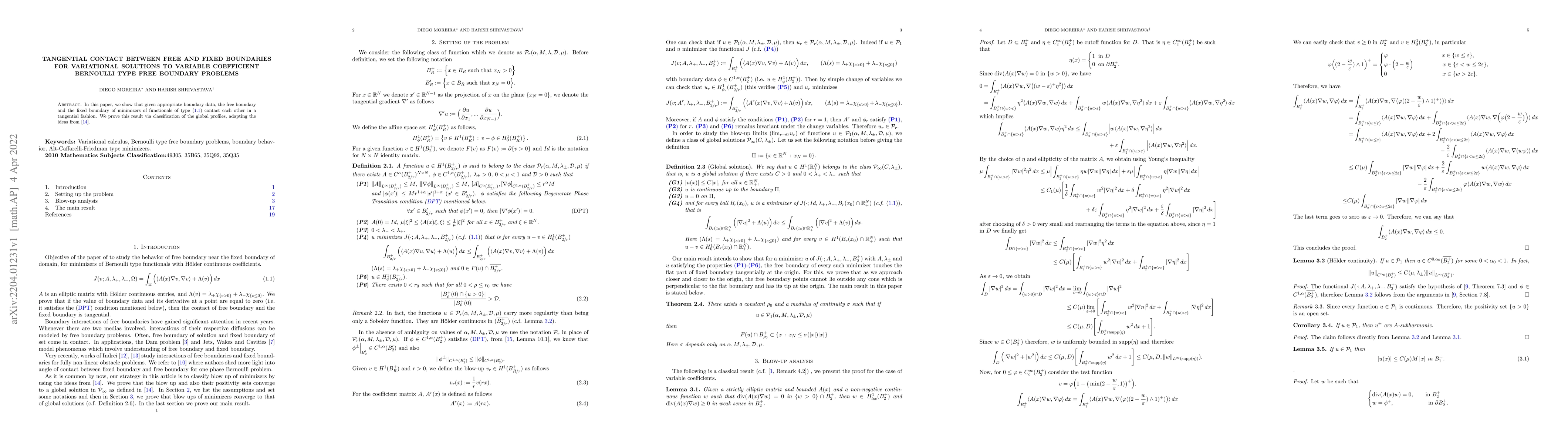 Thumbnail for Tangential contact between free and fixed boundaries for variational
  solutions to variable coefficient Bernoulli type Free boundary problems