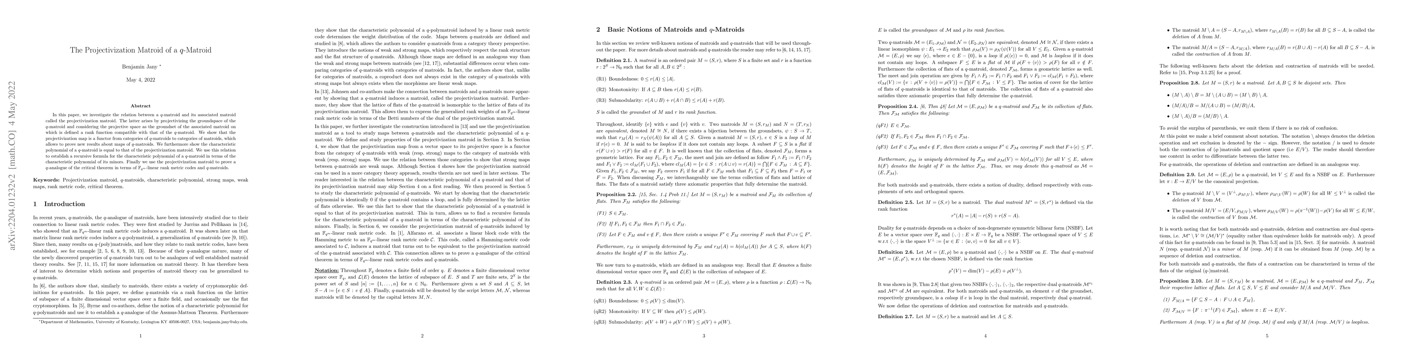 Thumbnail for The Projectivization Matroid of a $q$-Matroid
