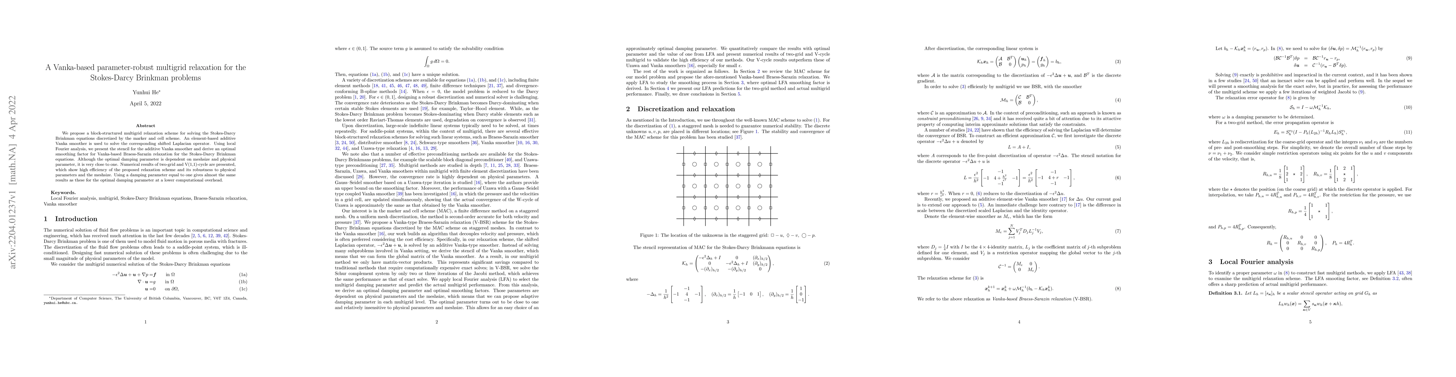 Thumbnail for A Vanka-based parameter-robust multigrid relaxation for the Stokes-Darcy
  Brinkman problems