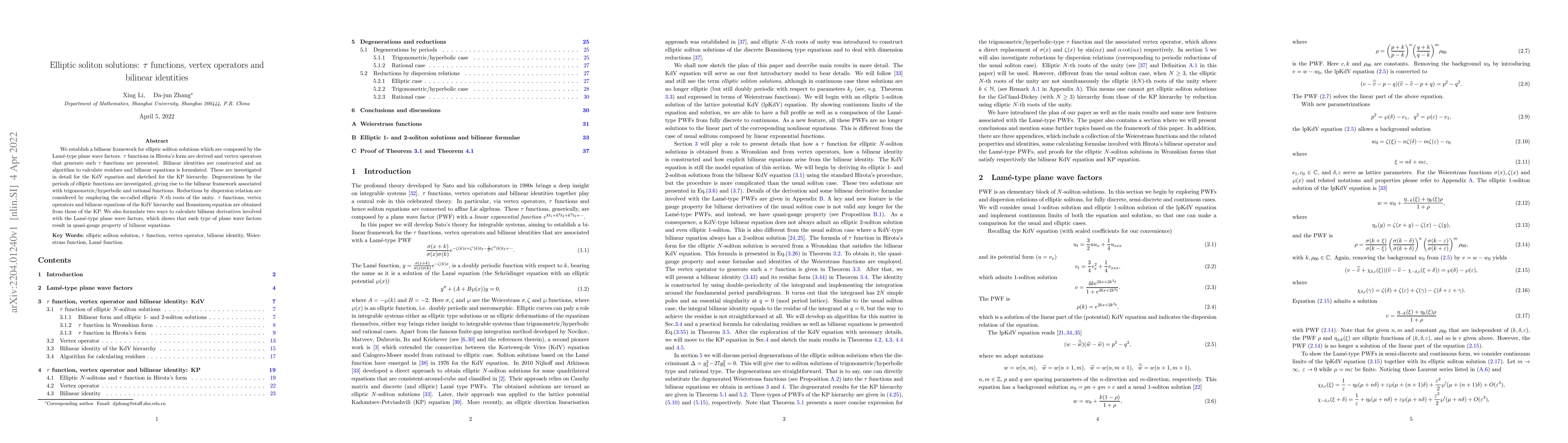 Thumbnail for Elliptic soliton solutions: $\tau$ functions, vertex operators and
  bilinear identities