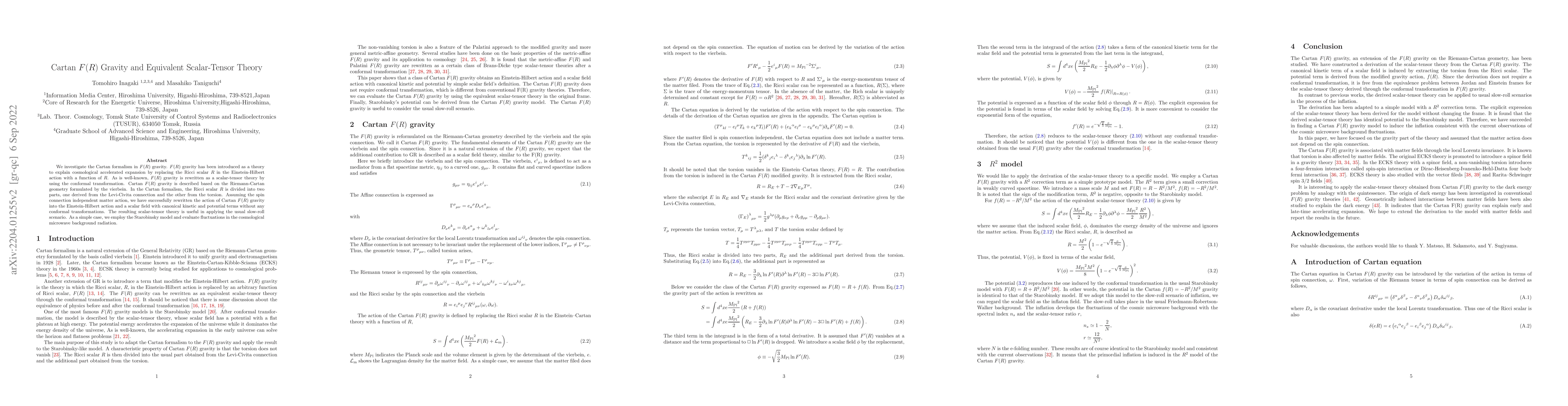 Thumbnail for Cartan $F(R)$ Gravity and Equivalent Scalar-Tensor Theory