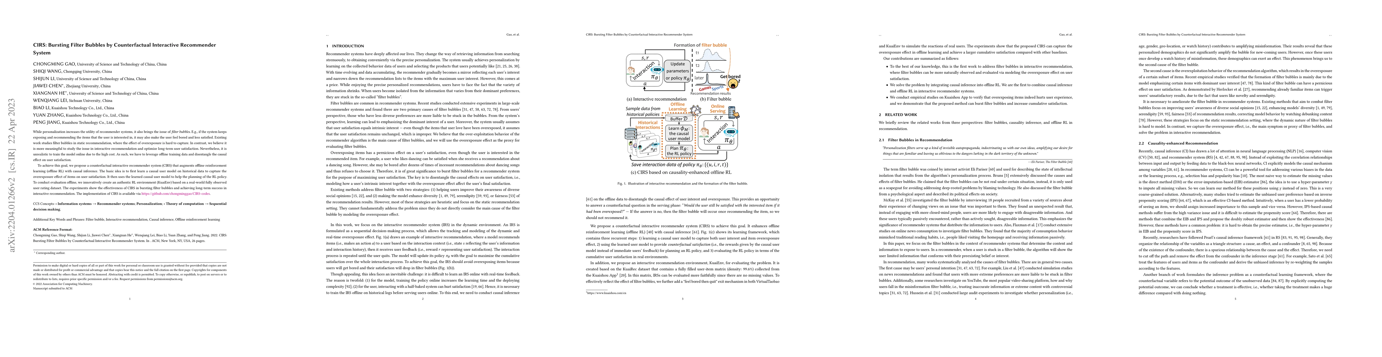 Thumbnail for CIRS: Bursting Filter Bubbles by Counterfactual Interactive Recommender
  System