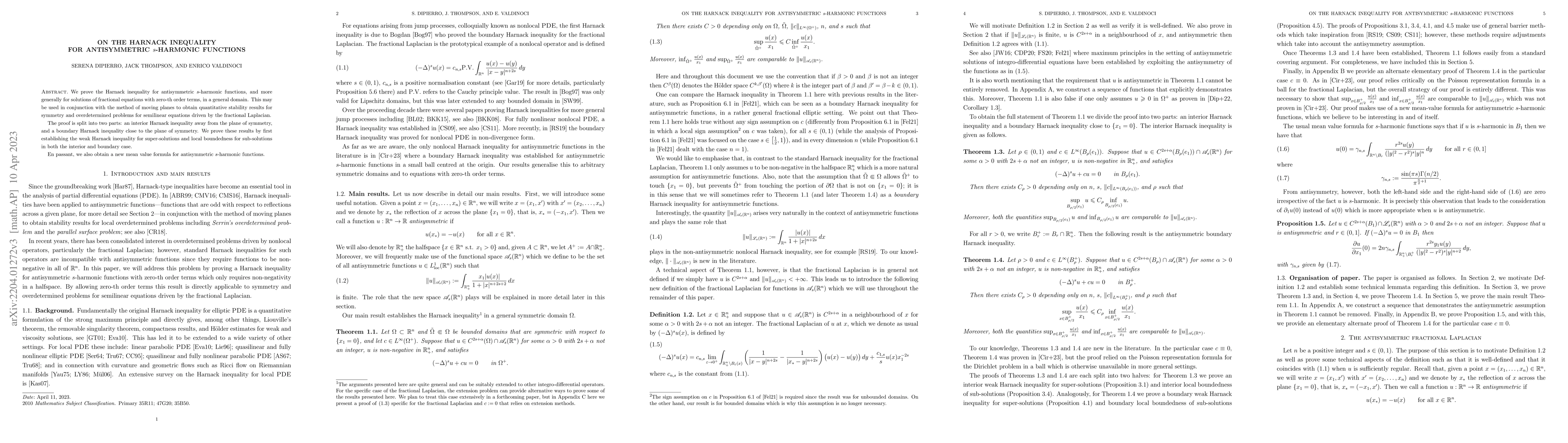 Thumbnail for On the Harnack inequality for antisymmetric $s$-harmonic functions