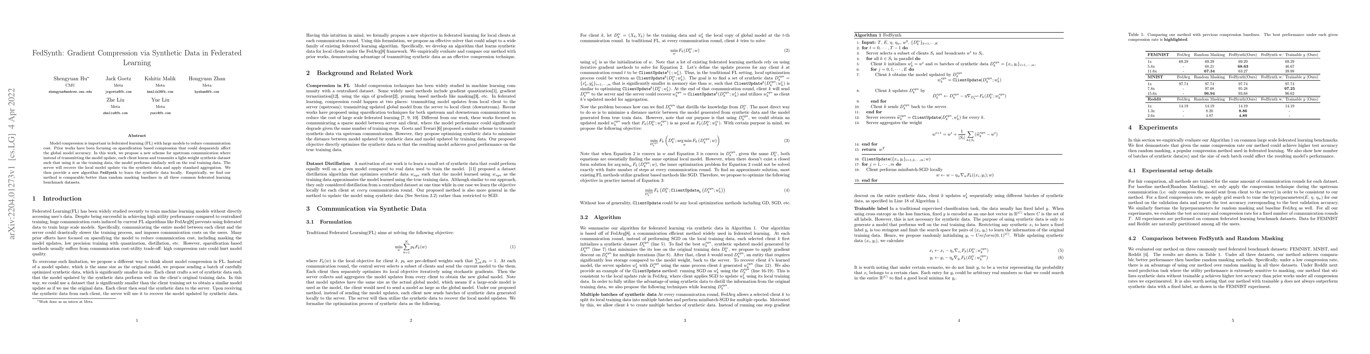Thumbnail for FedSynth: Gradient Compression via Synthetic Data in Federated Learning