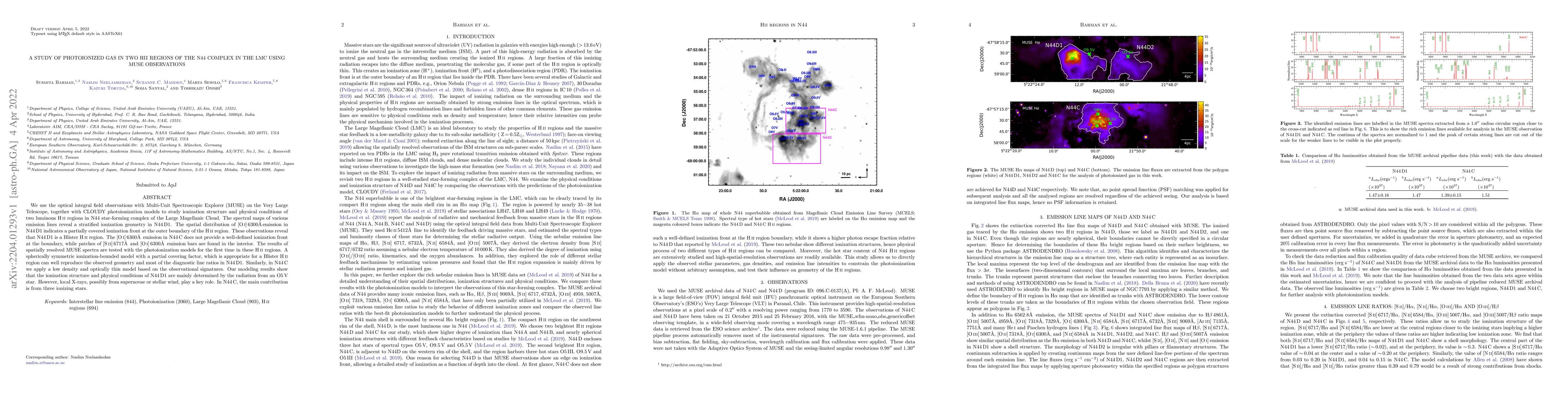 Thumbnail for A study of photoionized gas in two HII regions of the N44 complex in the
  LMC using MUSE observations