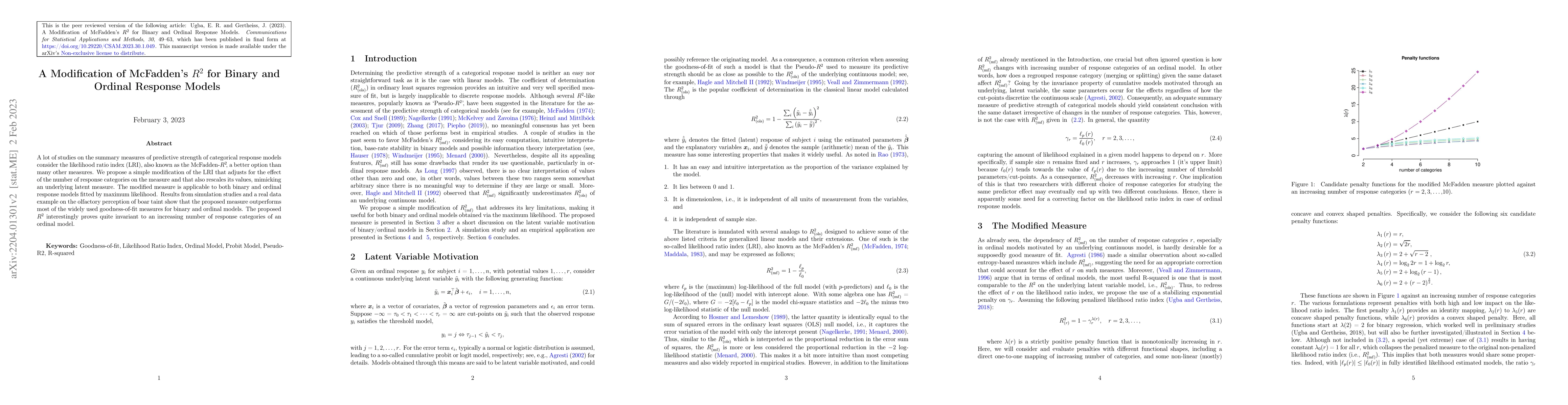 Thumbnail for A Modification of McFadden's $R^2$ for Binary and Ordinal Response
  Models