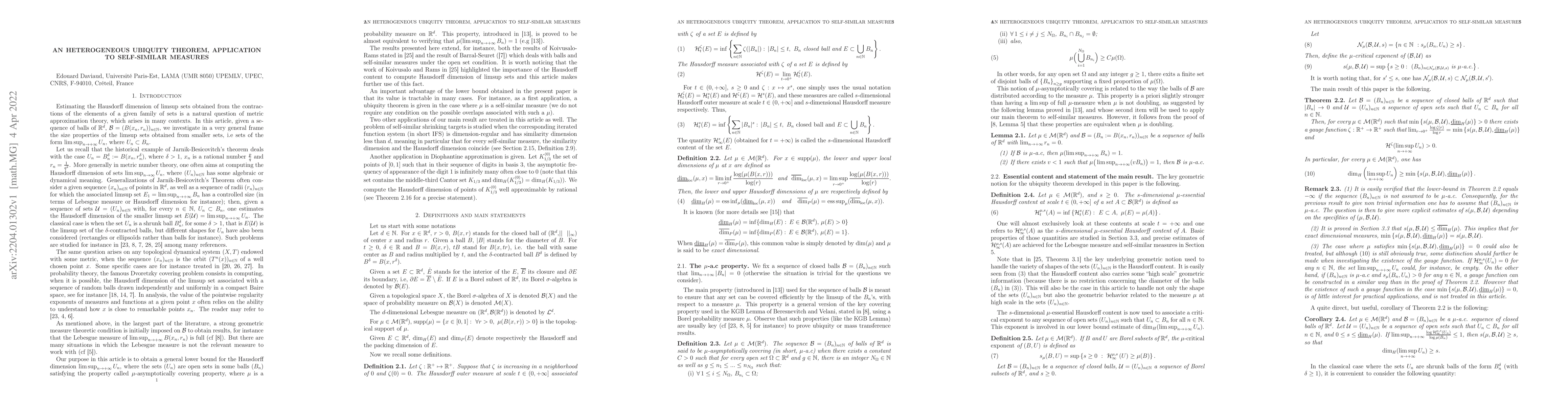 Thumbnail for An heterogeneous ubiquity theorem, application to self-similar measures
  with overlaps
