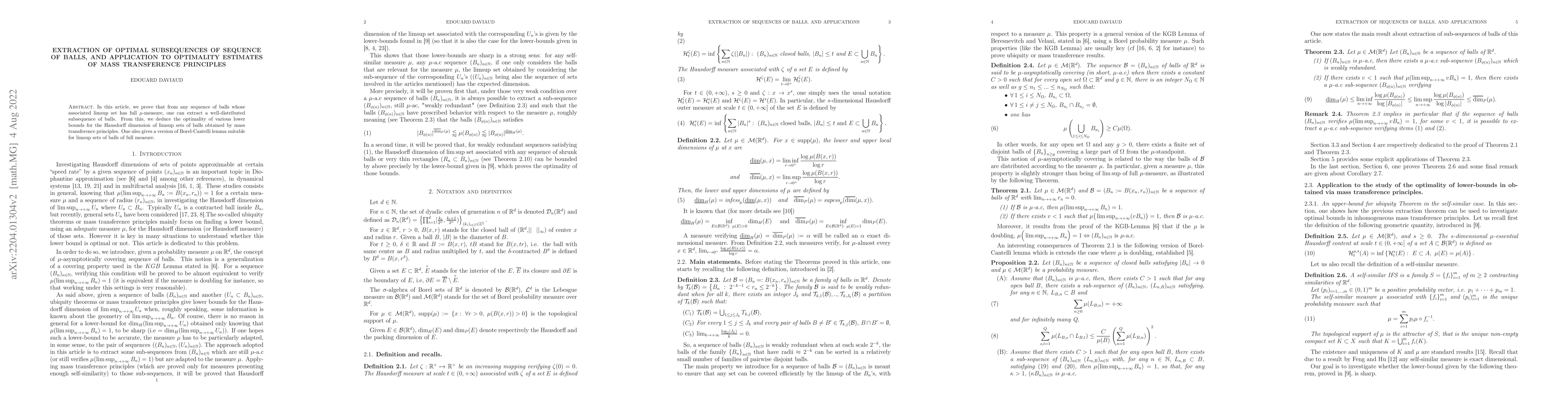 Thumbnail for Extraction of optimal subsequences of sequence of balls, and application
  to optimality estimates of mass transference principles