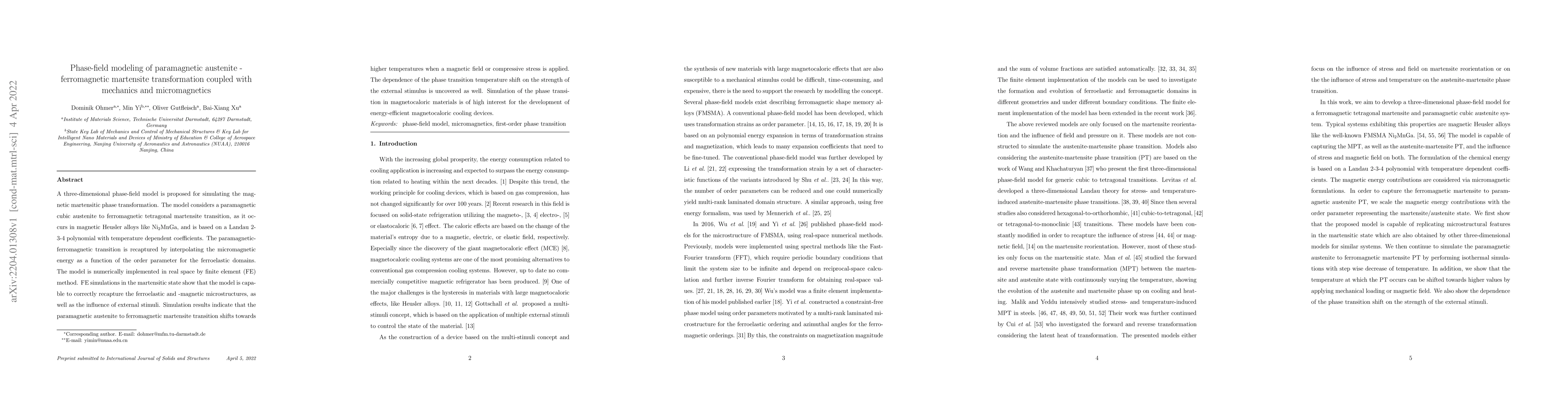 Thumbnail for Phase-field modeling of paramagnetic austenite-ferromagnetic martensite
  transformation coupled with mechanics and micromagnetics