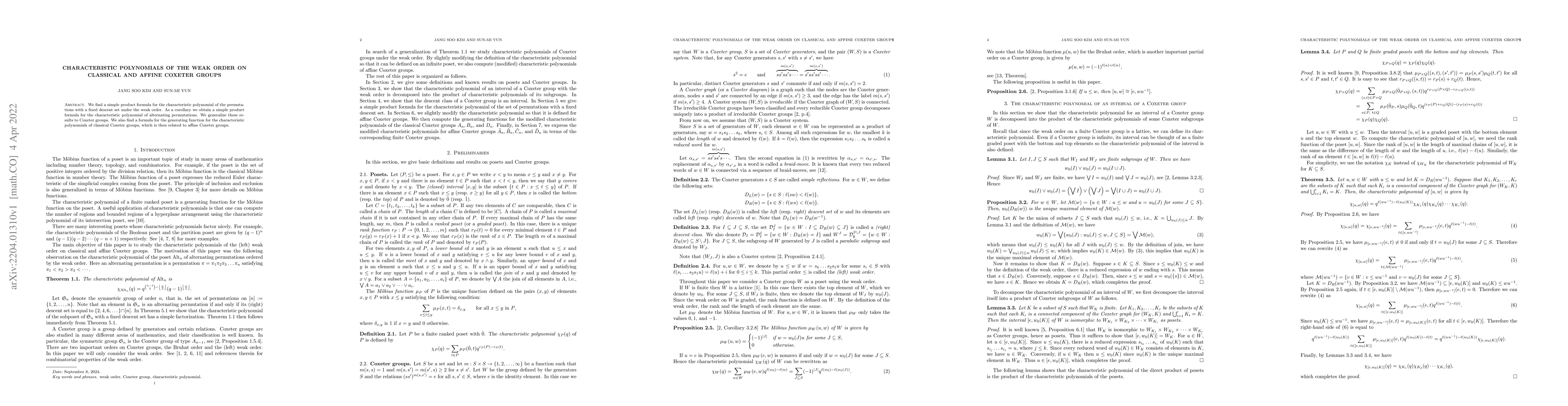 Thumbnail for Characteristic polynomials of the weak order on classical and affine
  Coxeter groups