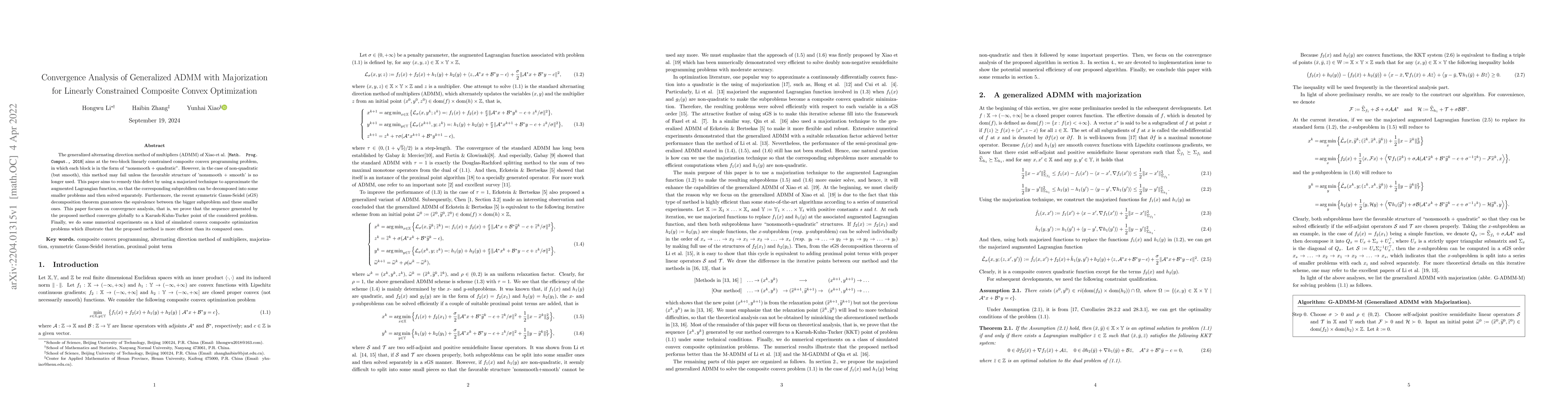 Thumbnail for Convergence Analysis of Generalized ADMM with Majorization for Linearly
  Constrained Composite Convex Optimization