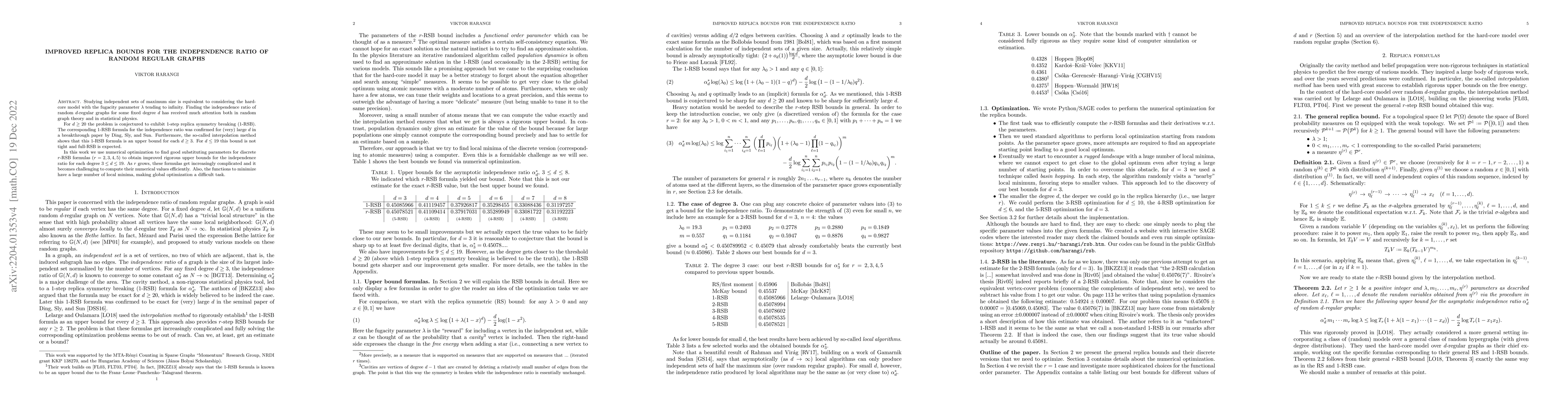 Thumbnail for Improved replica bounds for the independence ratio of random regular
  graphs