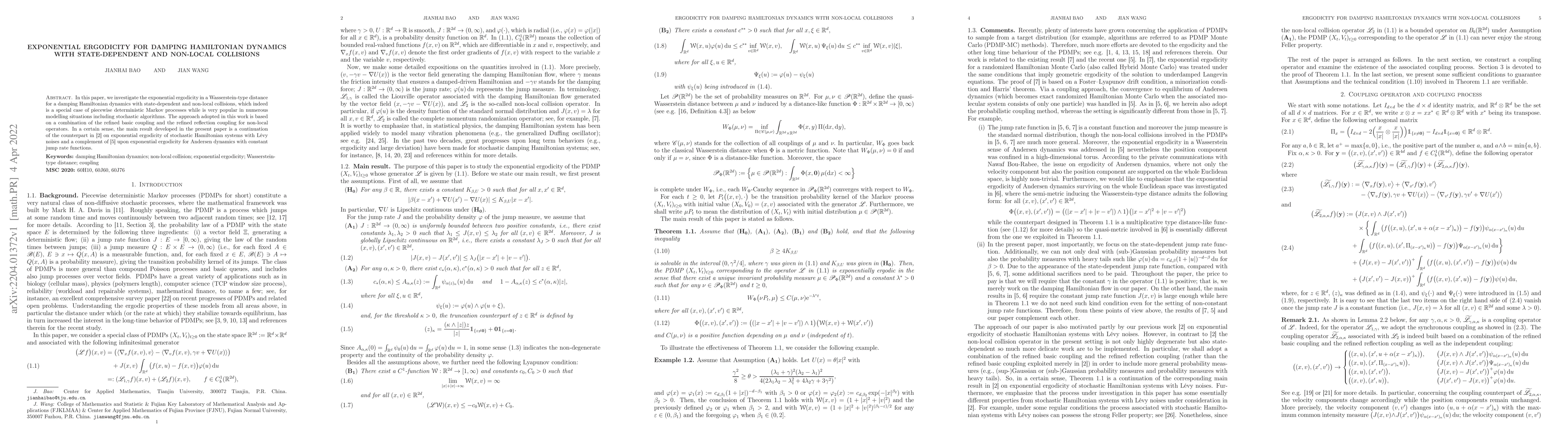 Thumbnail for Exponential ergodicity for damping Hamiltonian dynamics with
  state-dependent and non-local collisions
