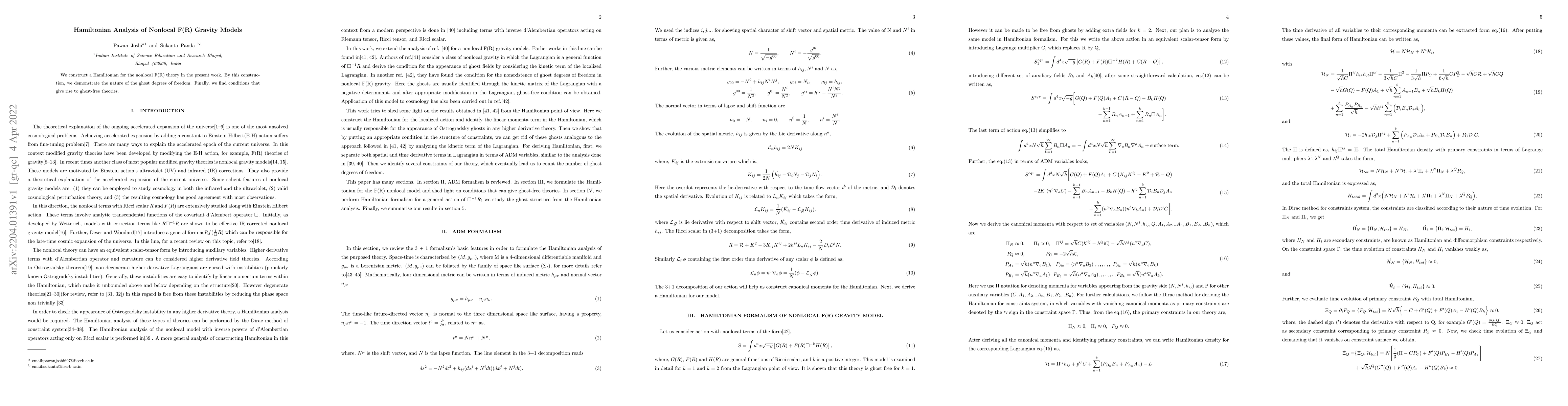 Thumbnail for Hamiltonian Analysis of Nonlocal F(R) Gravity Models