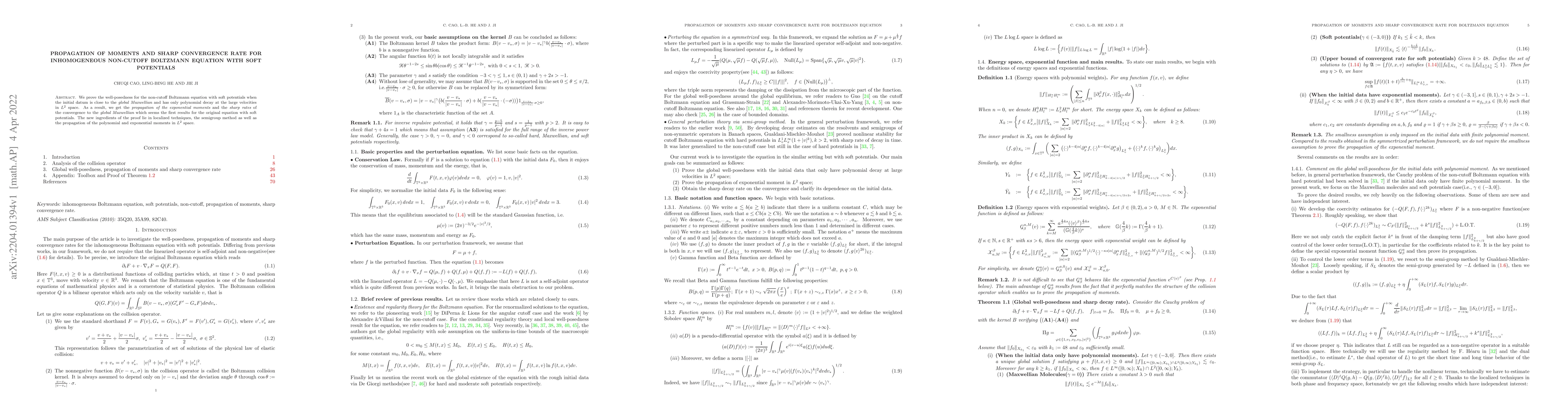 Thumbnail for Propagation of moments and sharp convergence rate for inhomogeneous
  non-cutoff Boltzmann equation with soft potentials