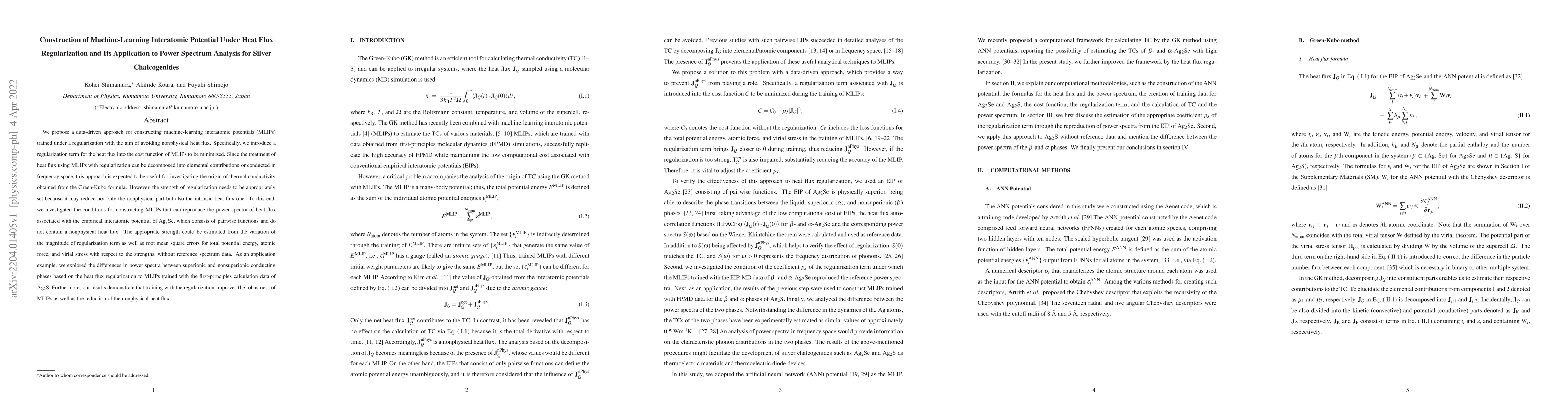 Thumbnail for Construction of Machine-Learning Interatomic Potential Under Heat Flux
  Regularization and Its Application to Power Spectrum Analysis for Silver
  Chalcogenides