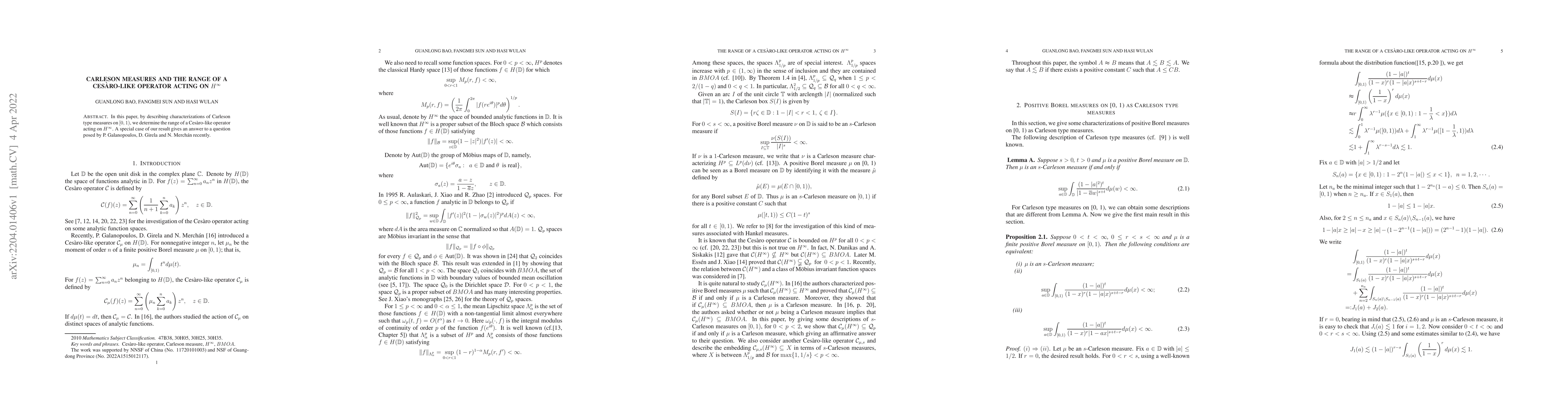 Thumbnail for Carleson measures and the range of a Ces\`aro-like operator acting on
  $H^\infty$