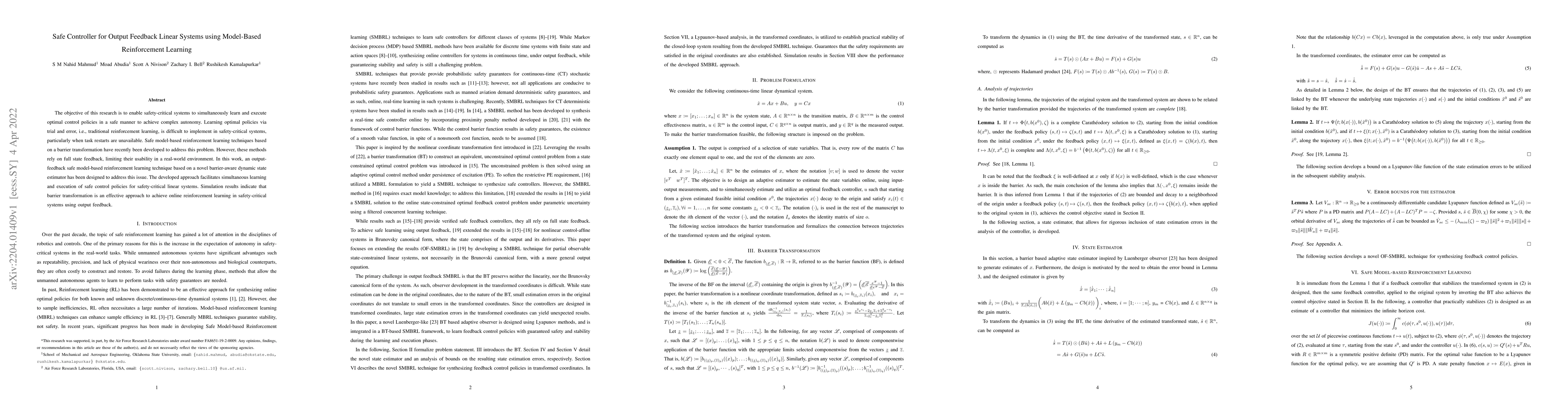 Thumbnail for Safe Controller for Output Feedback Linear Systems using Model-Based
  Reinforcement Learning