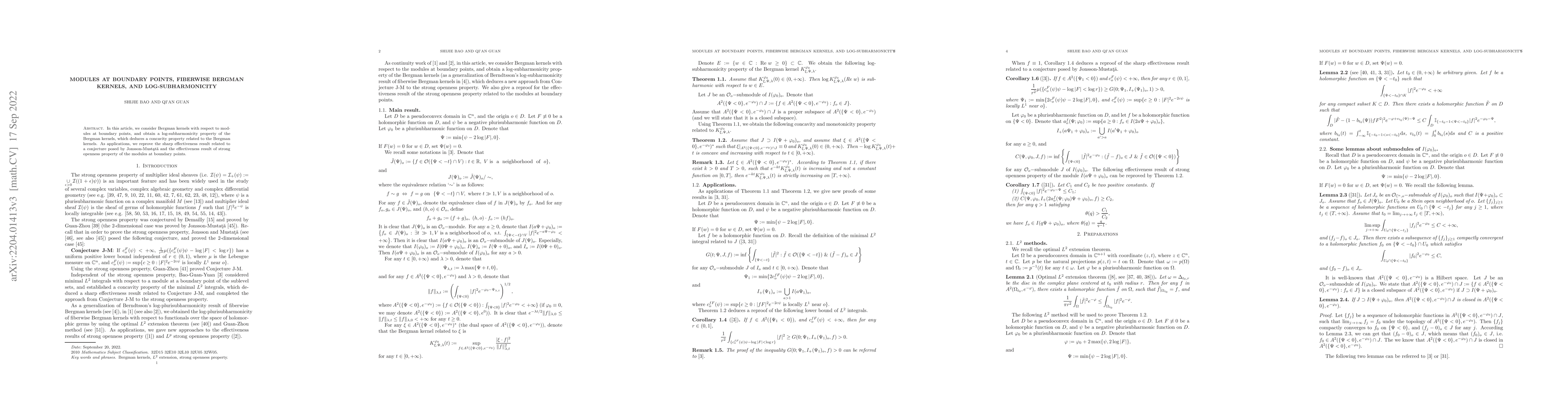 Thumbnail for Modules at boundary points, fiberwise Bergman kernels, and
  log-subharmonicity