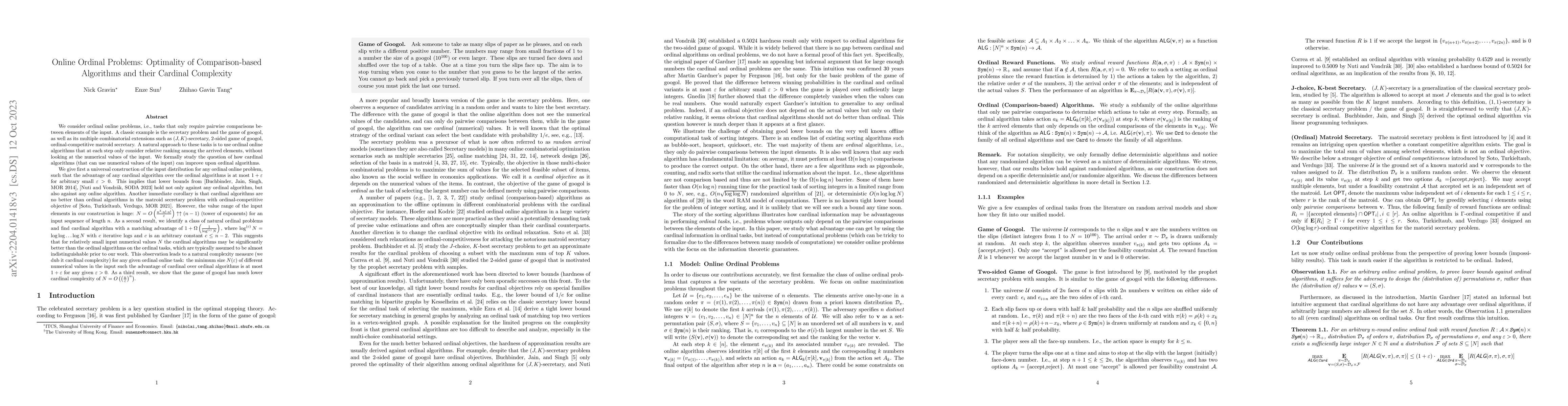 Thumbnail for Online Ordinal Problems: Optimality of Comparison-based Algorithms and
  their Cardinal Complexity
