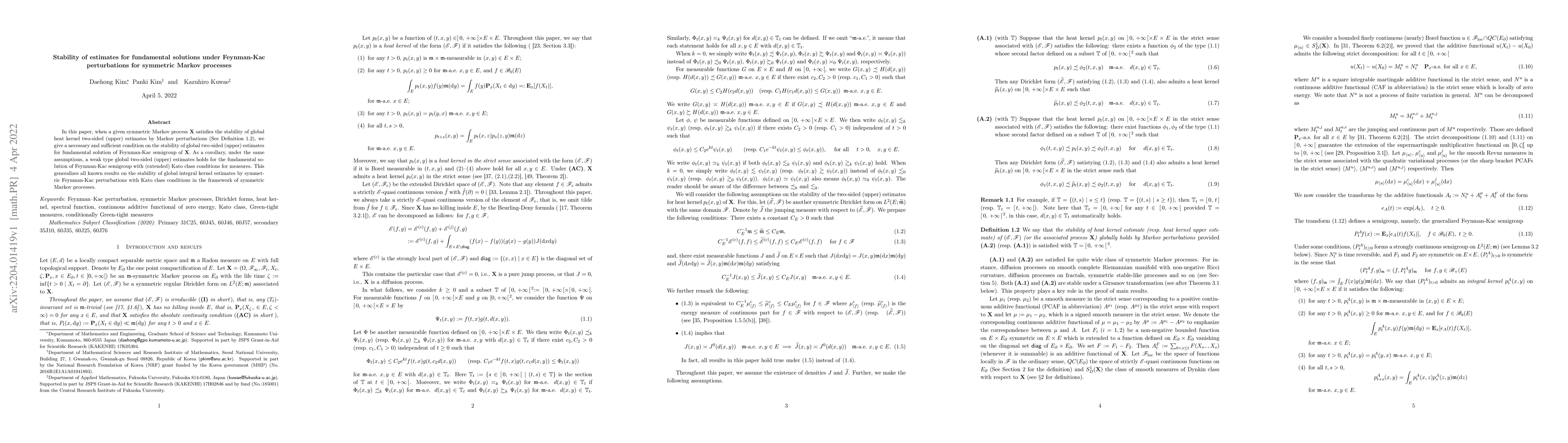 Thumbnail for Stability of estimates for fundamental solutions under Feynman-Kac
  perturbations for symmetric Markov processes