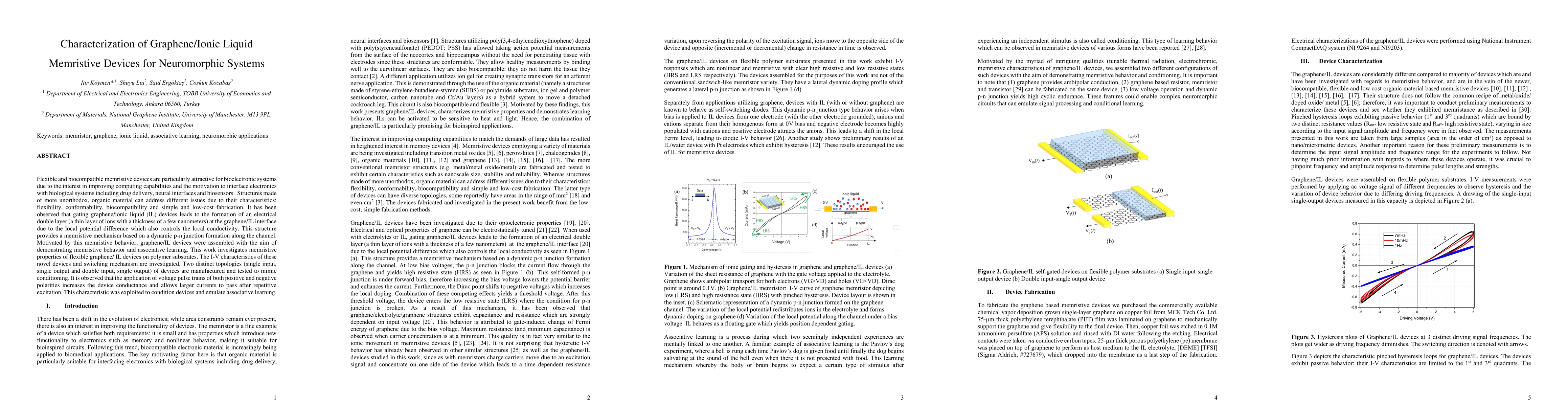 Thumbnail for Characterization of Graphene/Ionic Liquid Memristive Devices for
  Neuromorphic Systems