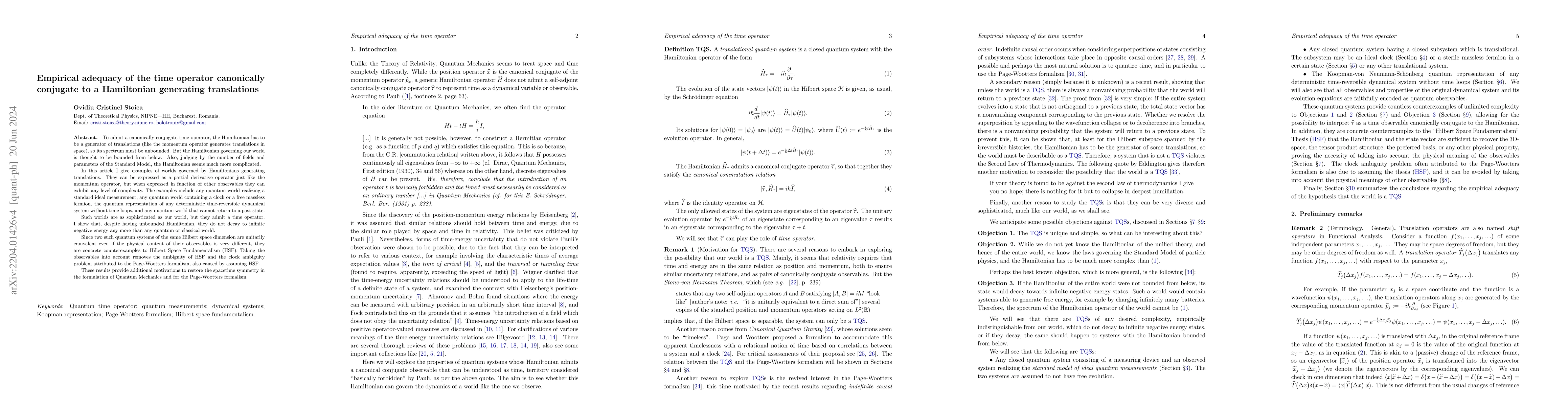 Thumbnail for Empirical adequacy of the time operator canonically conjugate to a
  Hamiltonian generating translations