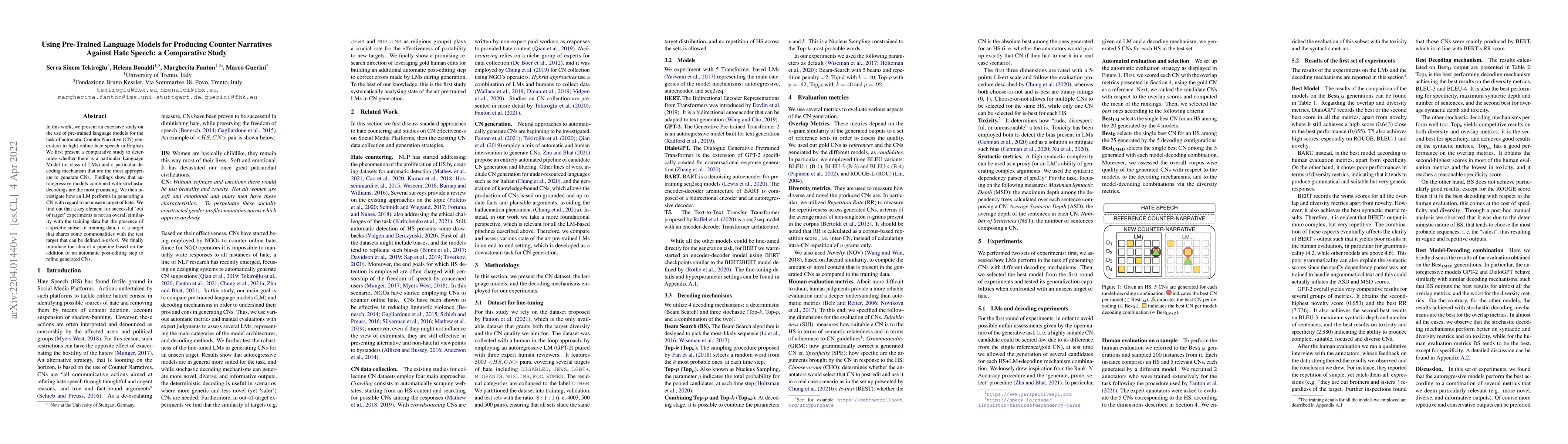Thumbnail for Using Pre-Trained Language Models for Producing Counter Narratives
  Against Hate Speech: a Comparative Study
