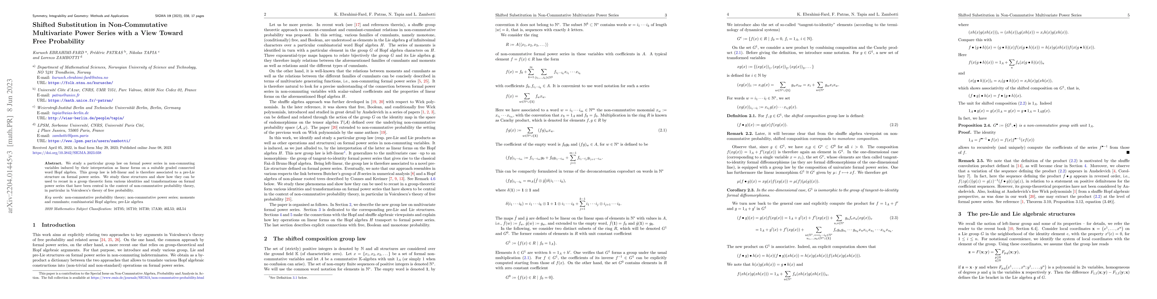 Thumbnail for Shifted Substitution in Non-Commutative Multivariate Power Series with a
  View Toward Free Probability