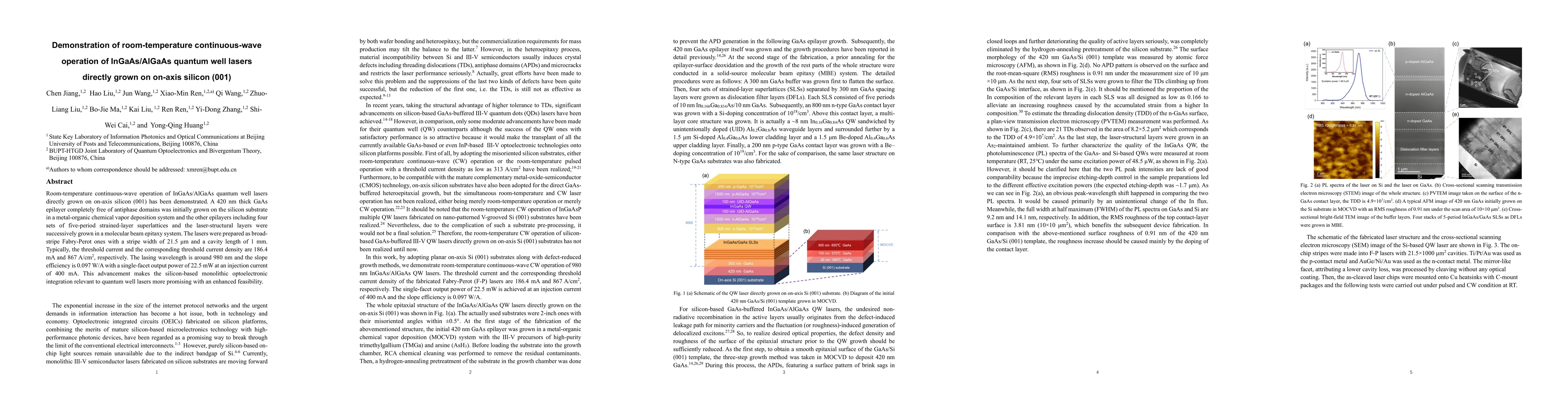 Thumbnail for Demonstration of room-temperature continuous-wave operation of
  InGaAs/AlGaAs quantum well lasers directly grown on on-axis silicon (001)