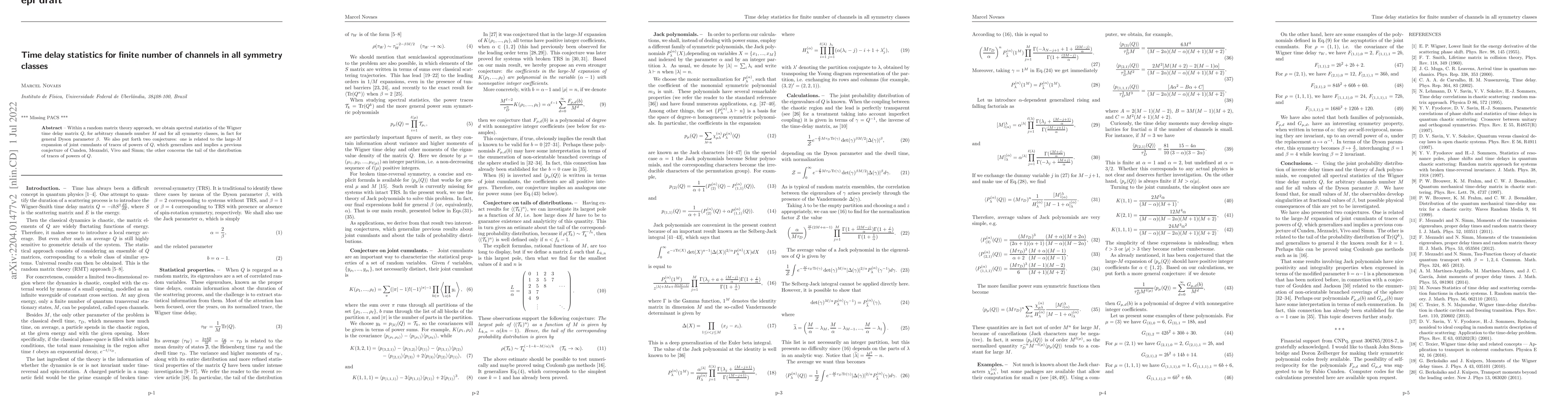 Thumbnail for Time delay statistics for finite number of channels in all symmetry
  classes