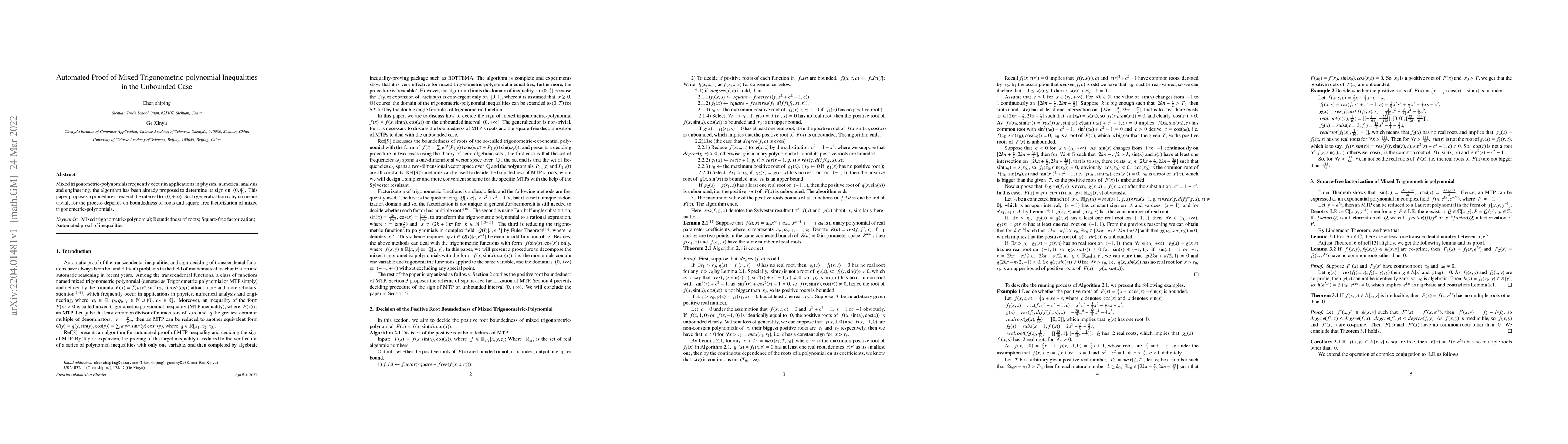 Thumbnail for Automated Proof of Mixed Trigonometric-polynomial Inequalities in the
  Unbounded Case
