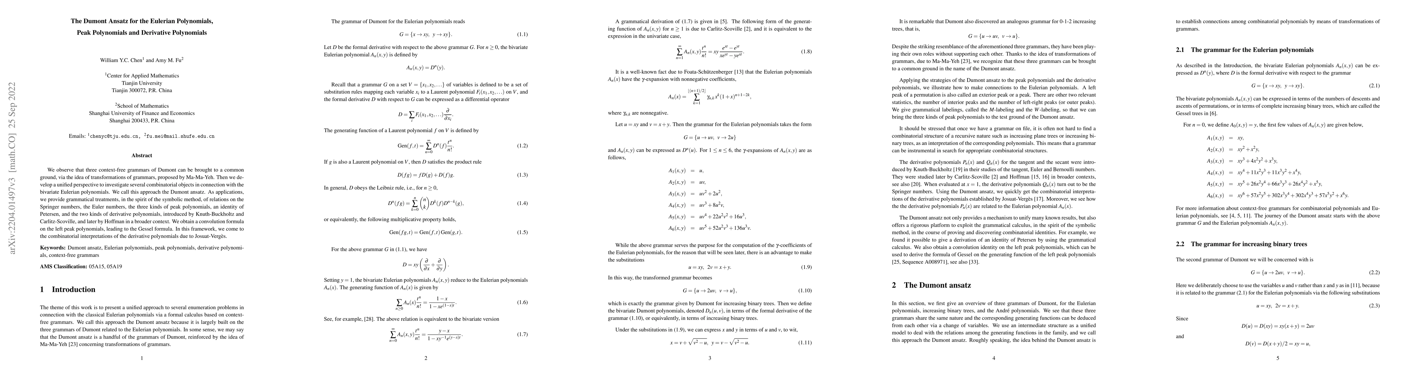 Thumbnail for The Dumont Ansatz for the Eulerian Polynomials, Peak Polynomials and
  Derivative Polynomials