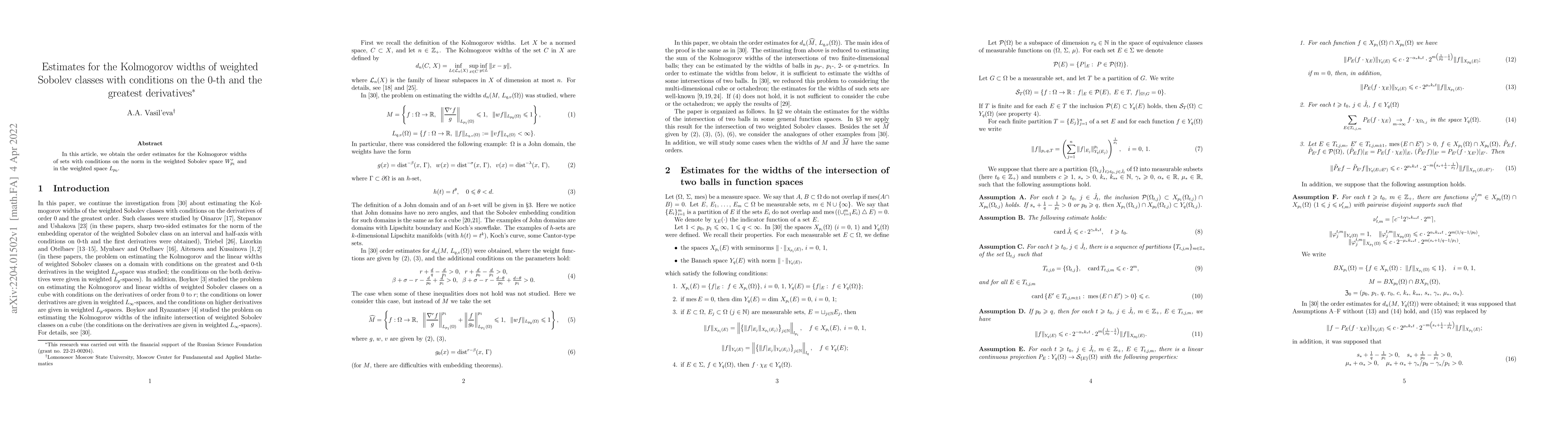 Thumbnail for Estimates for the Kolmogorov widths of weighted Sobolev classes with
  conditions on the $0$th and the greatest derivatives
