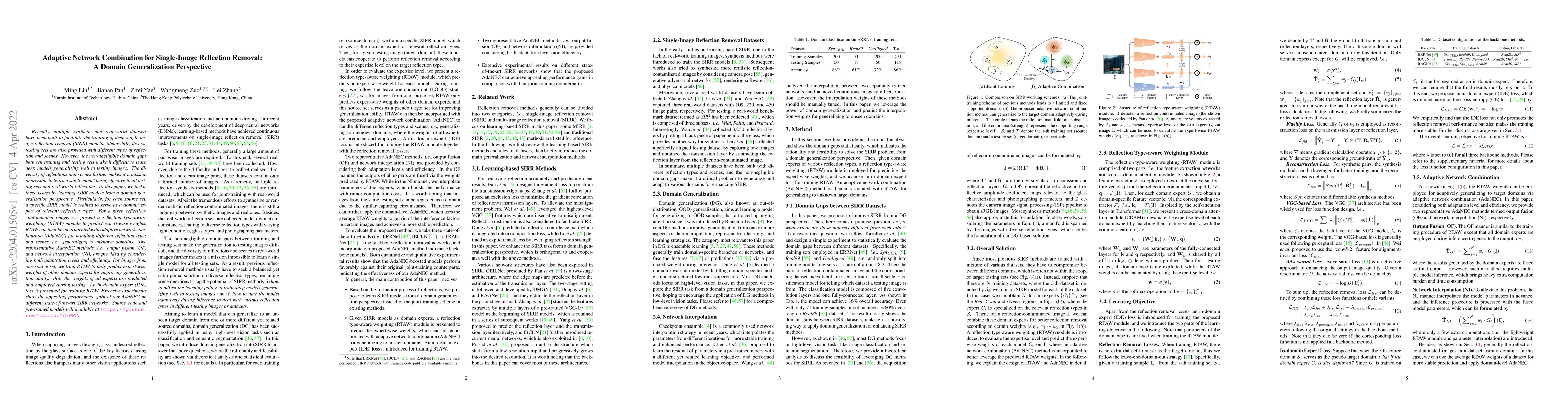 Thumbnail for Adaptive Network Combination for Single-Image Reflection Removal: A
  Domain Generalization Perspective