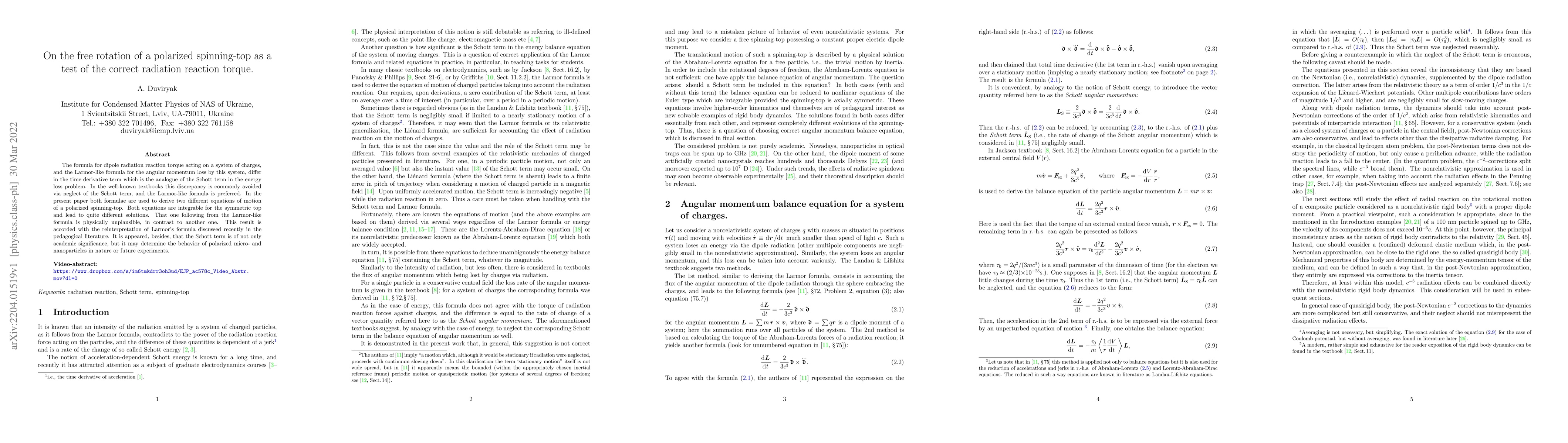 Thumbnail for On the free rotation of a polarized spinning-top as a test of the
  correct radiation reaction torque
