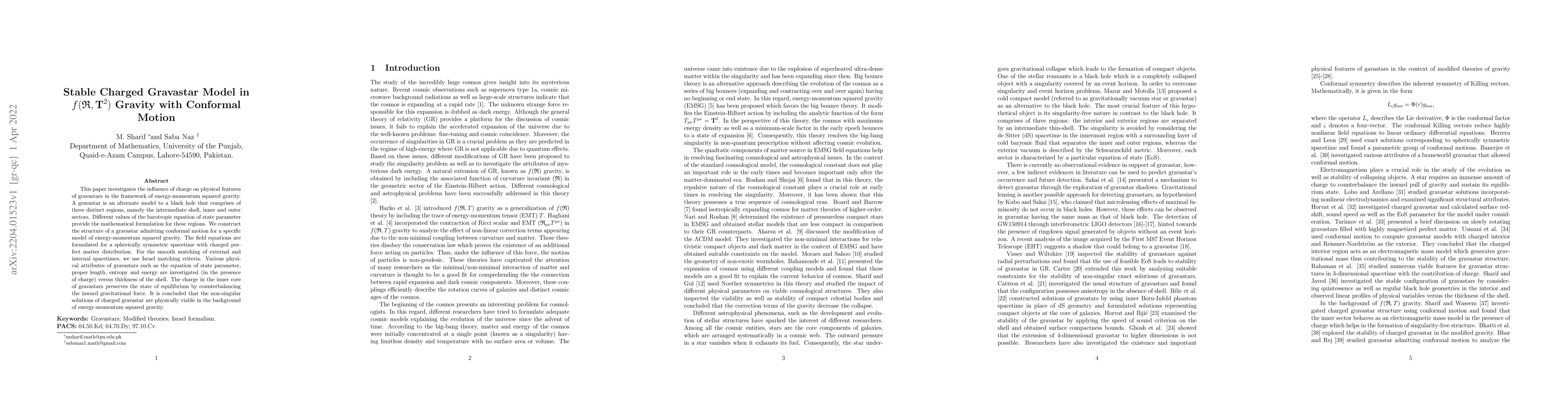 Thumbnail for Stable Charged Gravastar Model in ${f}(\mathfrak{R},\textbf{T}^{2})$
  Gravity with Conformal Motion