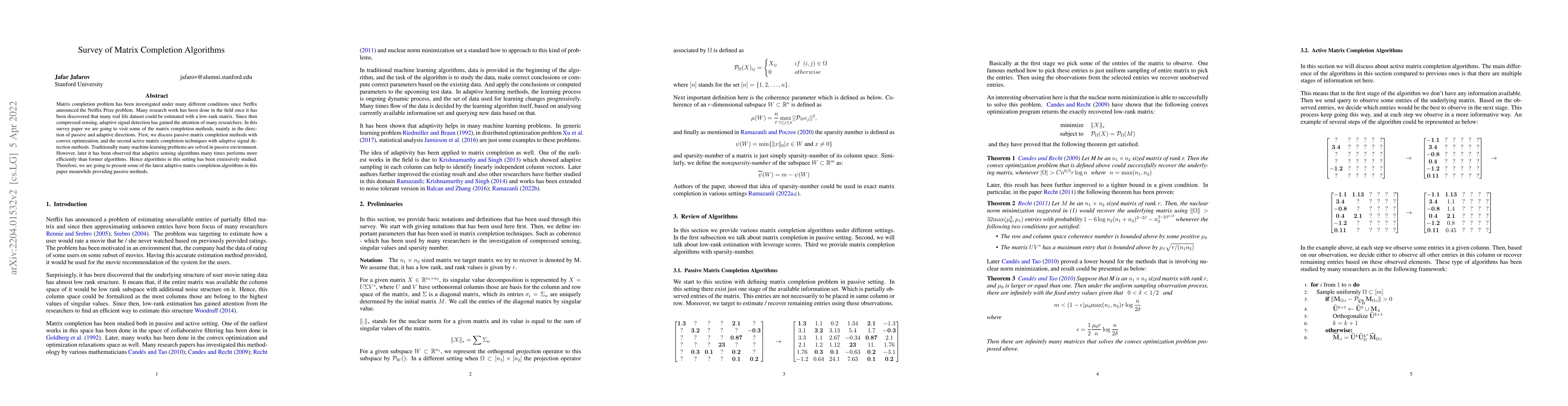 Thumbnail for Survey of Matrix Completion Algorithms