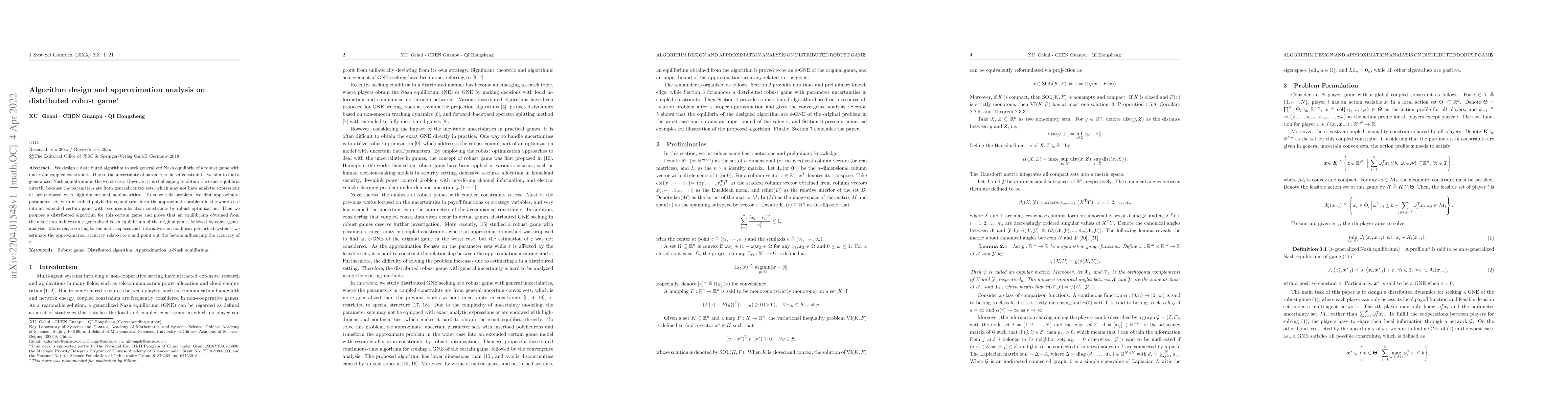 Thumbnail for Algorithm design and approximation analysis on distributed robust game