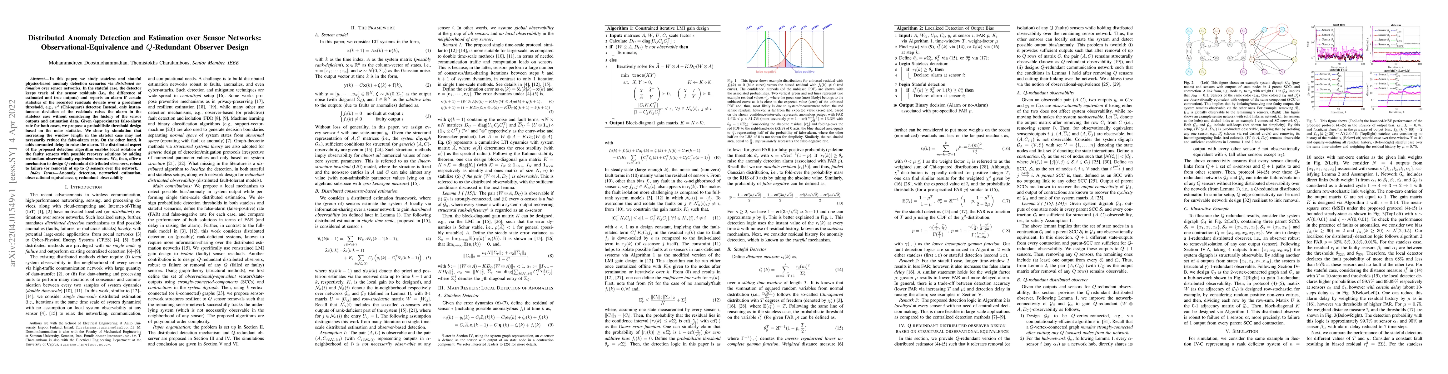 Thumbnail for Distributed Anomaly Detection and Estimation over Sensor Networks:
  Observational-Equivalence and Q-Redundant Observer Design