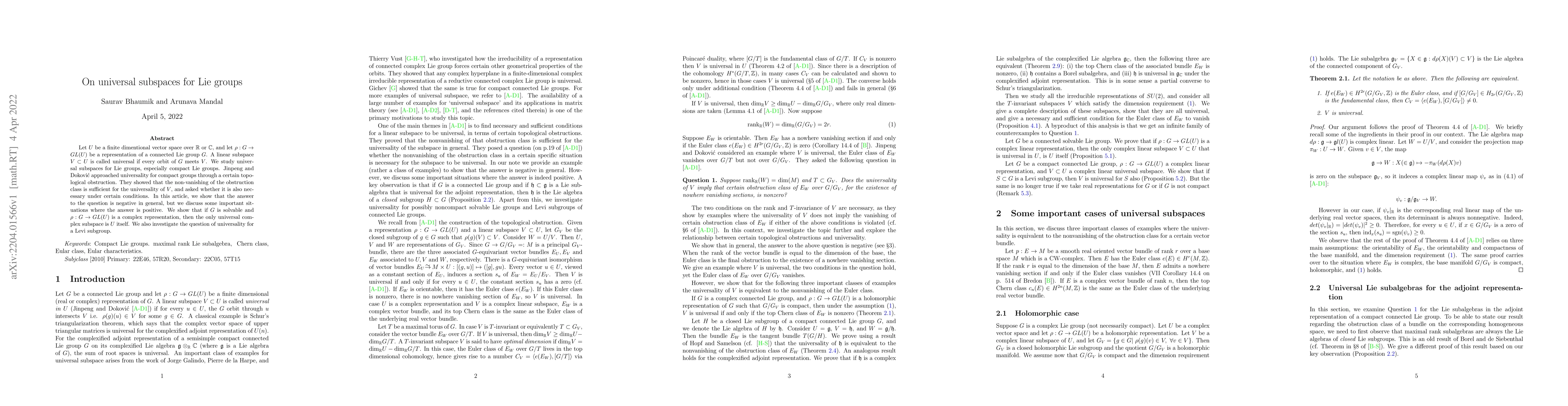 Thumbnail for On universal subspaces for Lie groups
