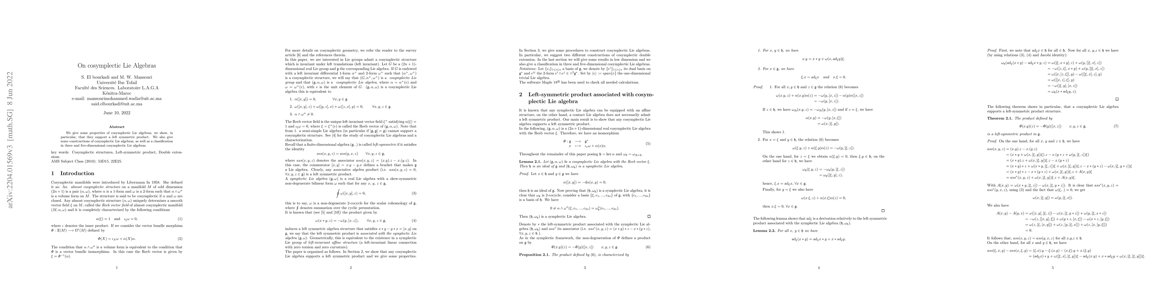Thumbnail for On cosymplectic Lie Algebras