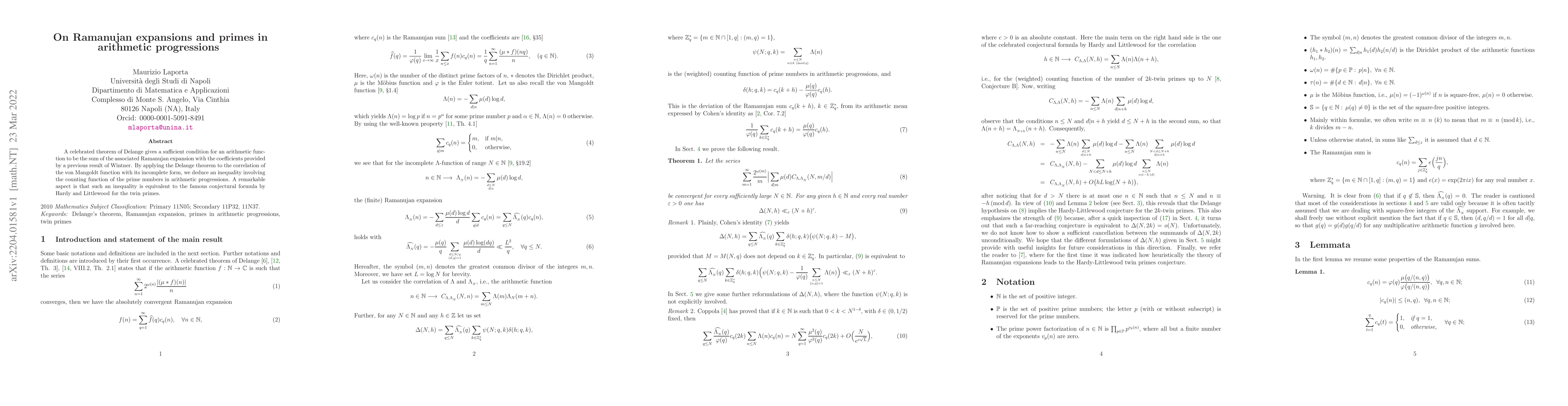 Thumbnail for On Ramanujan expansions and primes in arithmetic progressions