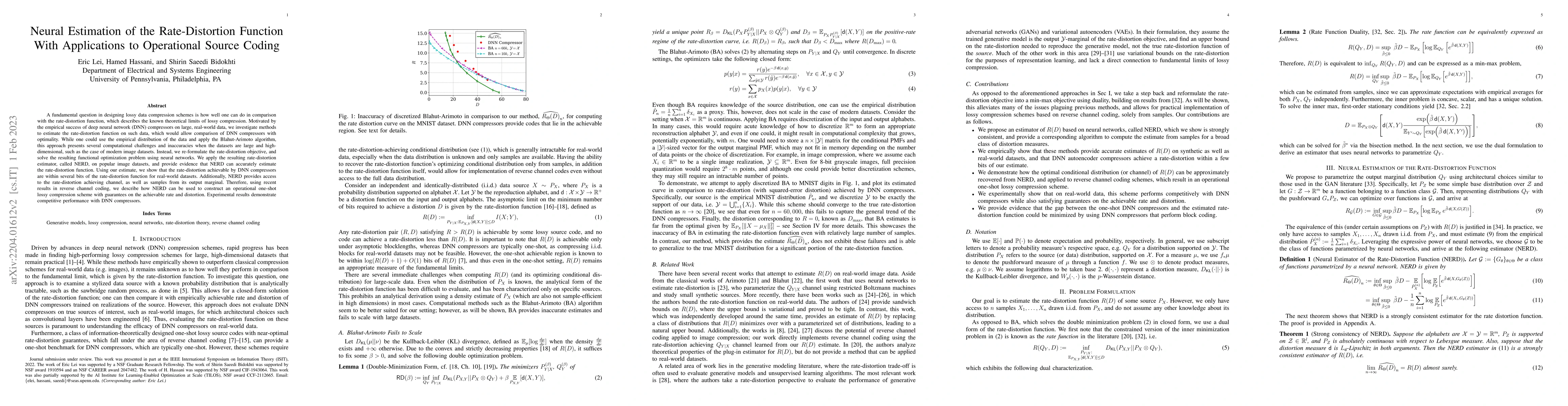 Thumbnail for Neural Estimation of the Rate-Distortion Function With Applications to
  Operational Source Coding