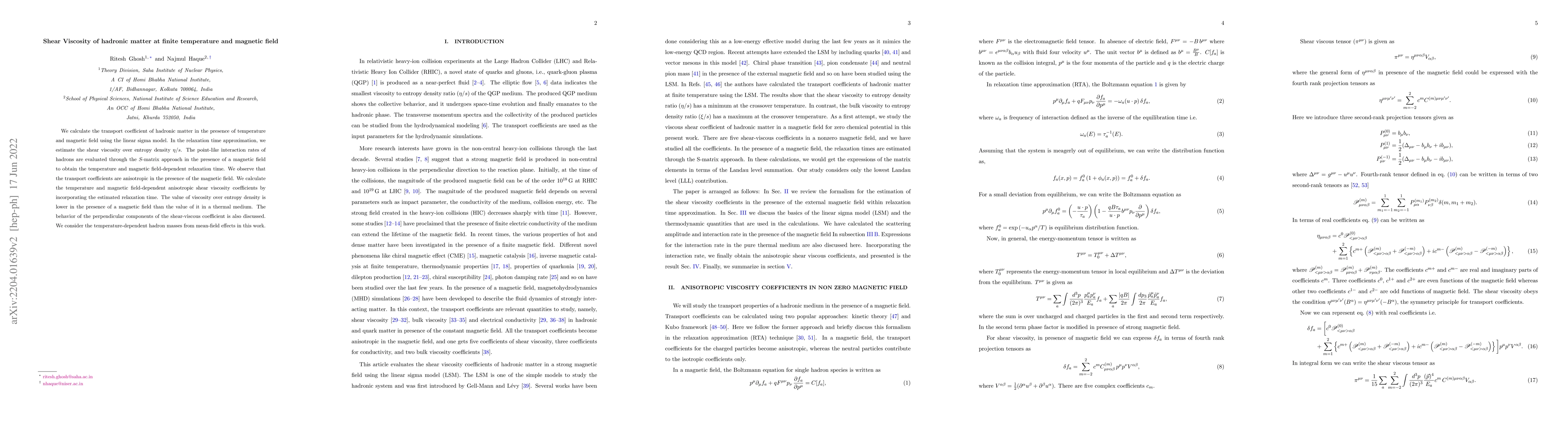 Thumbnail for Shear Viscosity of hadronic matter at finite temperature and magnetic
  field
