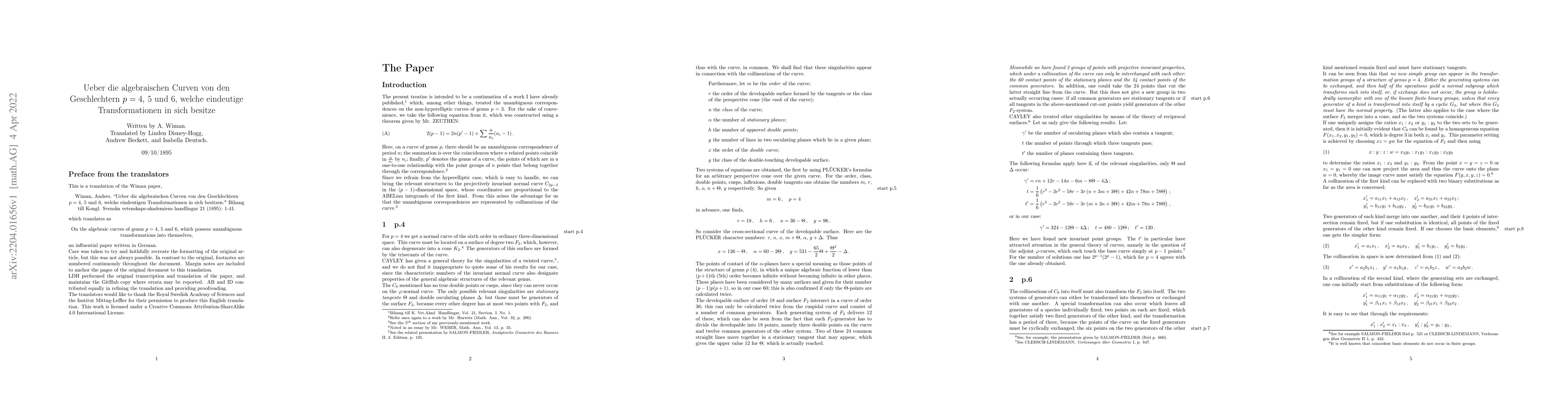 Thumbnail for An English translation of A. Wiman's "On the algebraic curves of genus
  $p=4$, $5$ and $6$, which posses unambiguous transformations into themselves"