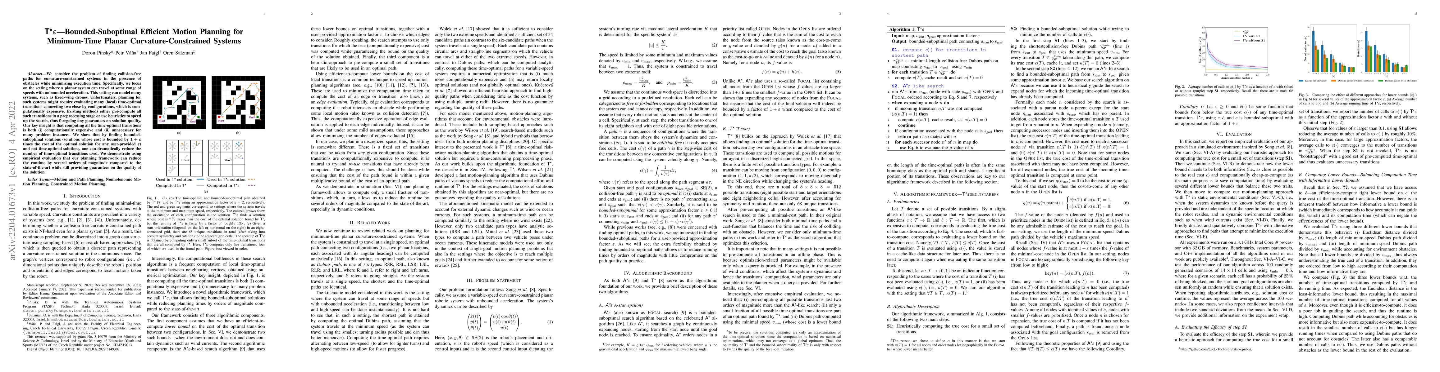 Thumbnail for T*$\varepsilon$ -- Bounded-Suboptimal Efficient Motion Planning for
  Minimum-Time Planar Curvature-Constrained Systems