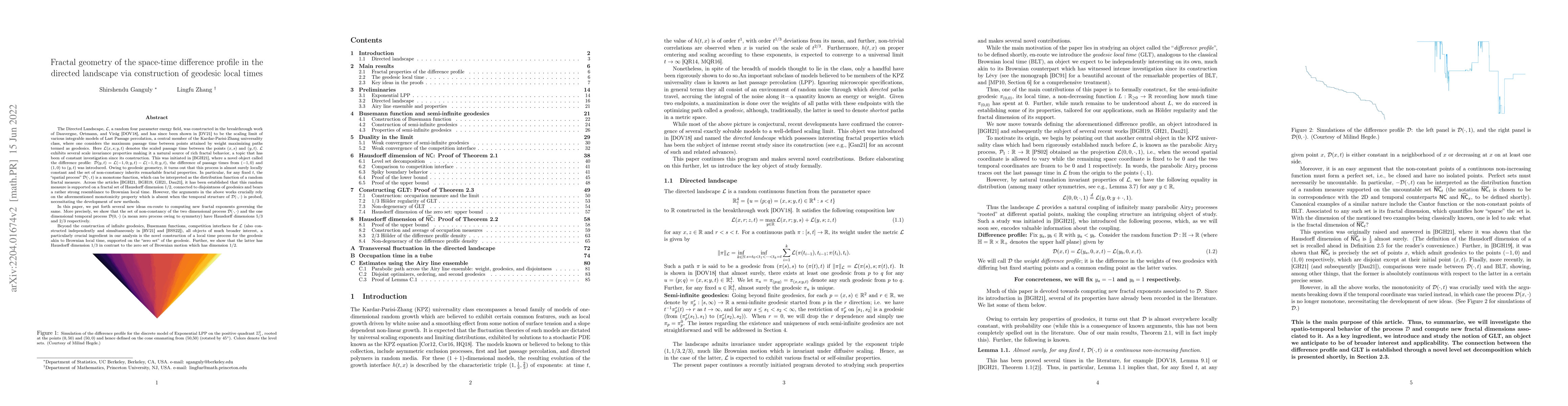 Thumbnail for Fractal geometry of the space-time difference profile in the directed
  landscape via construction of geodesic local times